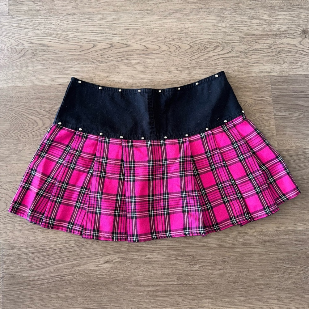 Y2K Pleated Plaid Pink Studded Lace Punk Goth Grunge Fairycore Mini Skirt Size S